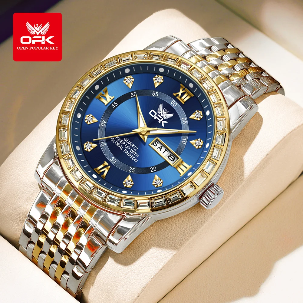 OPK 8174 Diamond Studded Dual Calendar Men's Quartz Watch