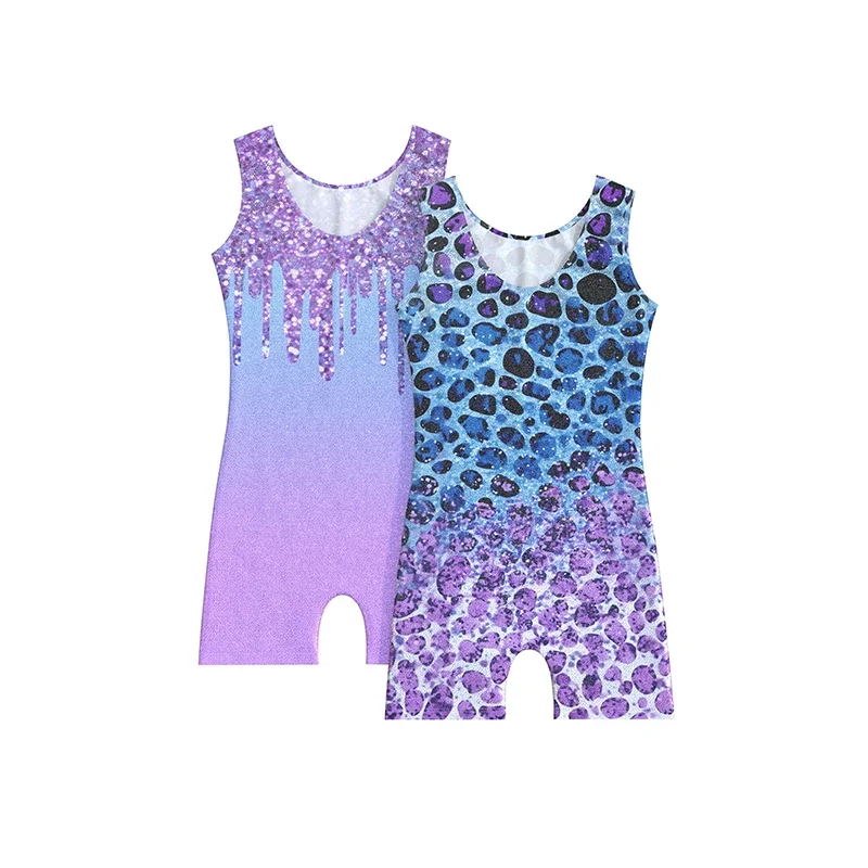 Girls Two-Piece Sleeveless Gymnastics Leotard Set Kids Shiny Colorful One Piece Tumbling Outfits With Hairband