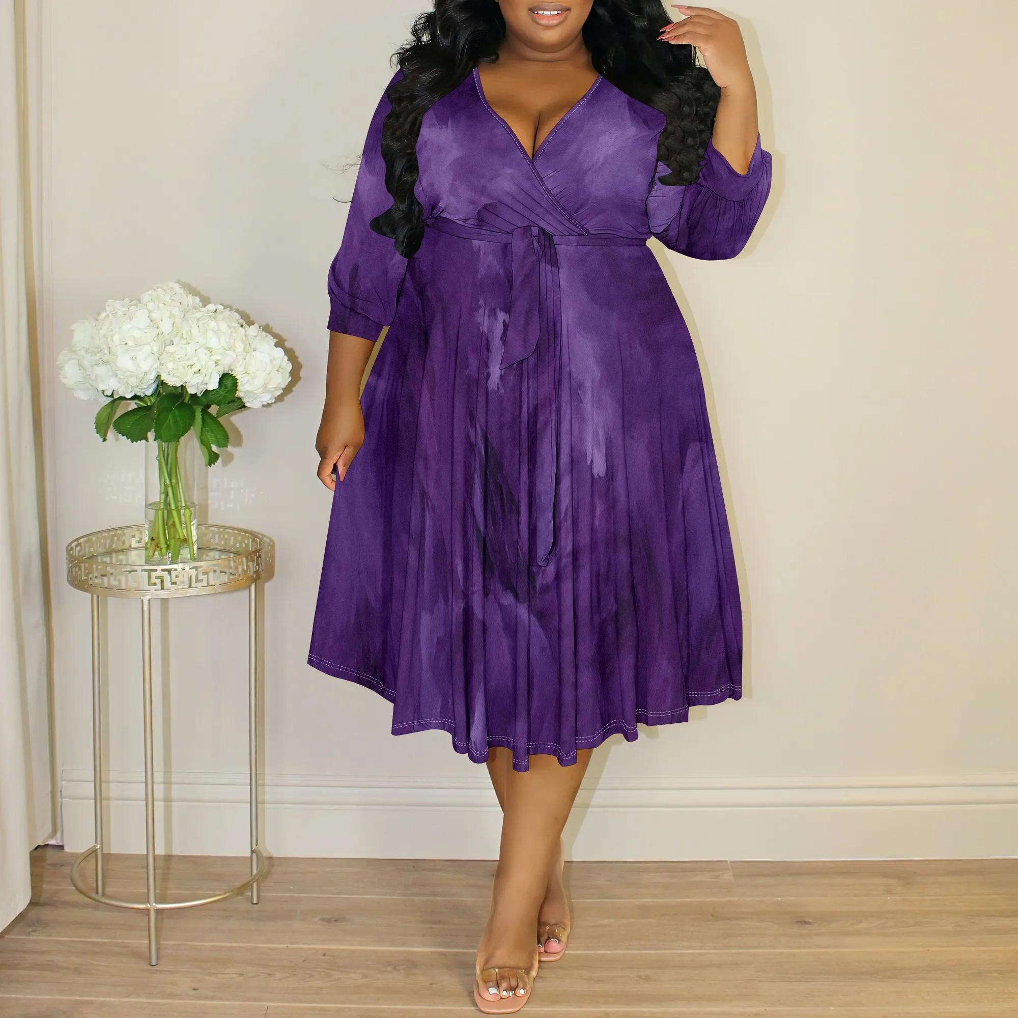 

Plus Size Women's Wrap Dress, Purple Tie Dye V-Neck 3/4 Sleeve A-Line Midi Dress for Party & Wedding Guest Wear XL-6XL