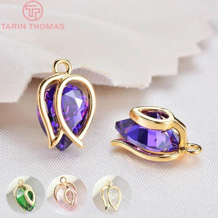 (858)4PCS 12x8MM 24K Gold Color Plated with Purple Zircon Hollow Flower  Charm Pendants for Jewelry Making Findings Accessories