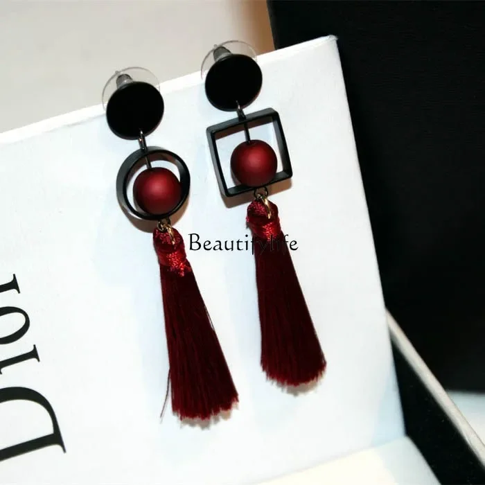 Chinese style retro exaggerated long personalized burgundy pearl geometric fringed earrings