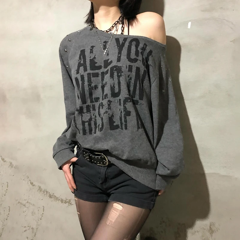 Darlingaga Streetwear Letter Printed Skew Neck Autumn Sweatshirts Y2K Hottie Fashion Loose Hoodies Women Harajuku Retro Pullover