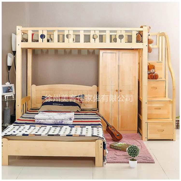 Solid wood double-layer elevated bed upper and lower bunk children's mother bed multi-functional pine upper and lower bed