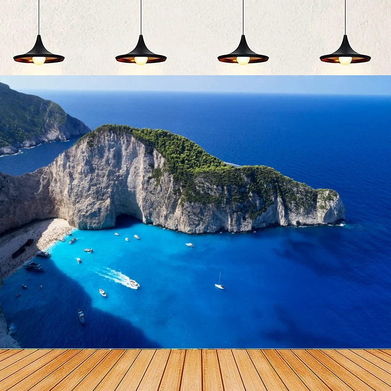 Greece Island Photography Backdrop Summer Beach Ocean Seaside Cruise Ship Background Wall Kid Adults Holiday Banner Poster Decor