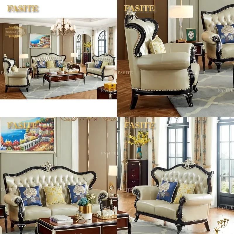 European Luxury Classic Carved Solid Wood Frame Genuine Leather Sofa Set 1 2 3 Seater Couch for Living Room Home Furniture