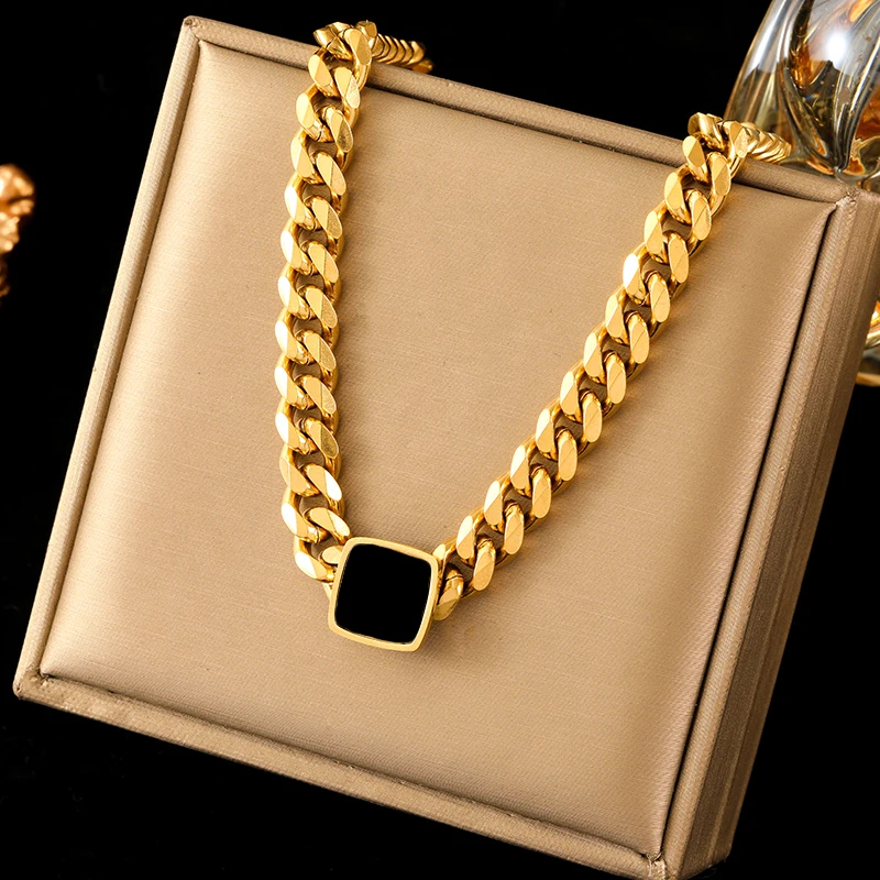 EILIECK 316L Stainless Steel Square Black Necklace For Women New Trendy Thick Neck Chain Waterproof Jewelry Gift Choker Collar