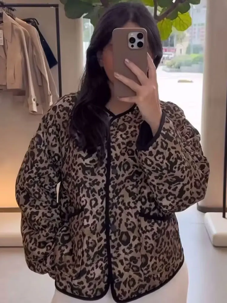 HH 2024 Casual Leopard Print Cotton Coats For Women Autumn Single-Breasted Pockets Long Sleeves O Neck Street Fashion Jacket