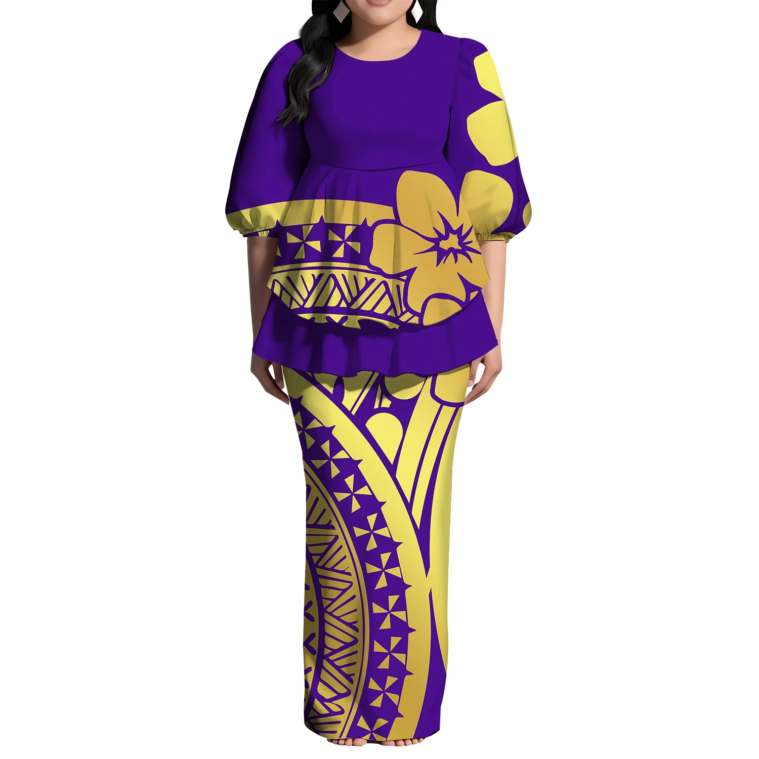 

Polynesian Custom-Made Women'S Dress Features Loose Fishtail Hem Slit Back Design Long Dress Samoan Tribal Pattern Prints