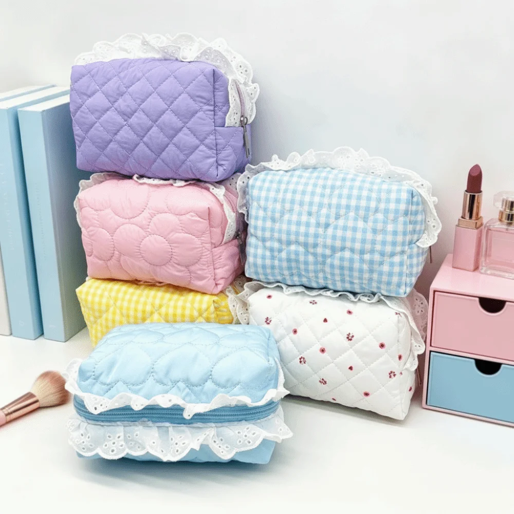 Large Capacity Cosmetic Bag Lace Ruffle Quilted Travel Toiletry Bag Plaid Heart Pattern Multifunctional Lipstick Storage Purse