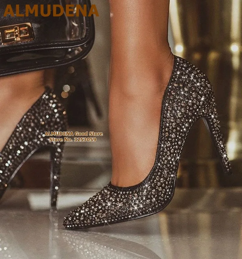 ALMUDENA Bling Bling Fuchsia Black Crystal Wedding Shoes Slip-on Pointed Toe Rhinestone Dress Pumps Shining Evening Heels Women