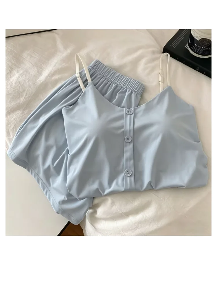 

Fashion Solid With Chest Cushion Button Strap Shorts Pajama Set Summer Classic Adjustable Home Slim Suit Two-piece Set For Woman