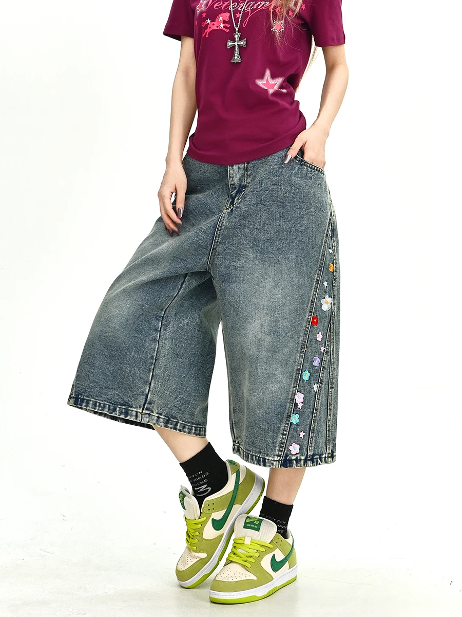 

Floral Loose Women's 7/8 Length Jeans Summer New Style Comfortable Vintage American Wide Leg Pants Trendy Casual Loose Fit