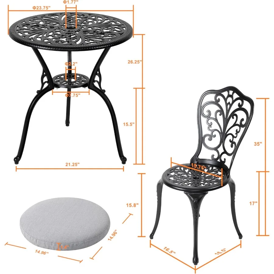 طقم طاولة بيسترو خارجي مكون من 3 قطع طقم بيسترو من الألومنيوم المصبوب لجميع الأحوال الجوية طقم طاولة وكراسي للفناء مكون من 2 مع مظلة #6