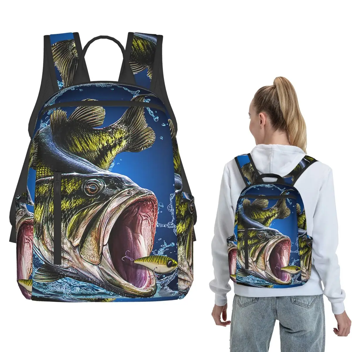 

Leaping Fish Fishing Backpack Large Capacity Kids BookBag School Bag Shoulder Bags for Men Women