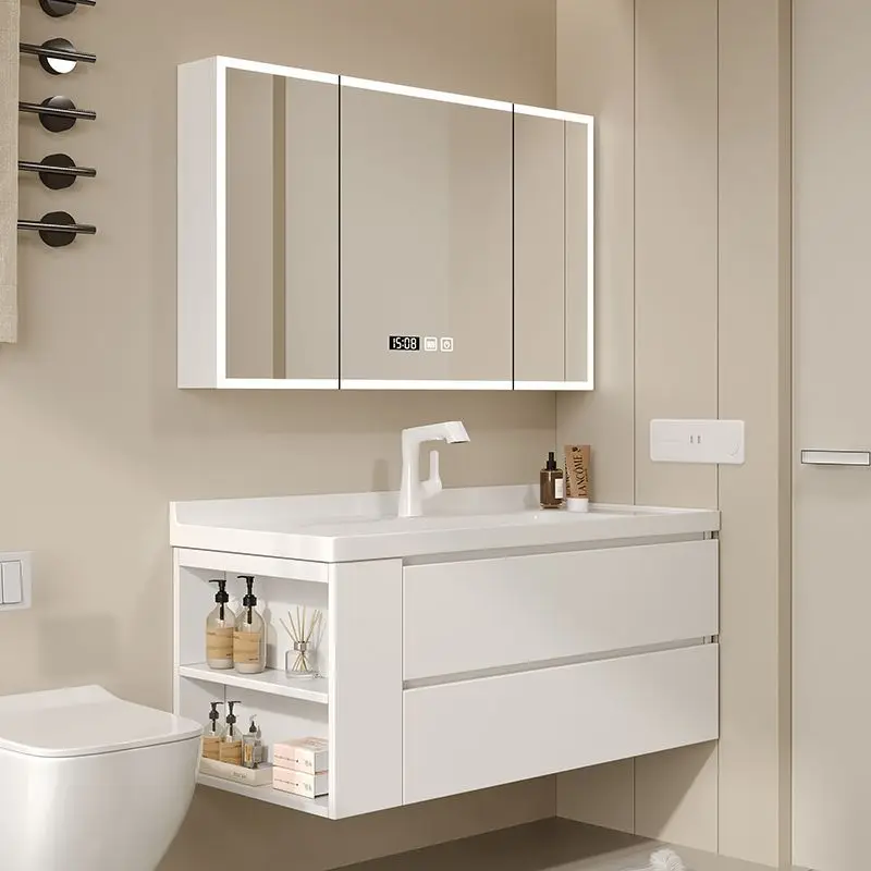 

Simple cream wind bathroom cabinet side storage ceramic integrated basin smart mirror cabinet washstand face wash basin cabinet