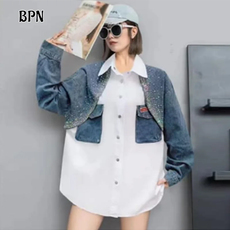 

BPN Hit Color Spliced Denim Blouse For Women Lapel Long Sleeve Patchwork Single Breasted Casual Loose Shirt Female Fashion New