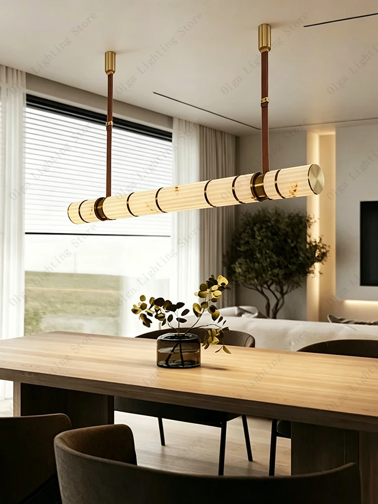 

Modern Dining Room Decoration Imitation Marble Pendant Light Long, High-end Leather Strip Hanglamp for Kitchen Island Lamparas