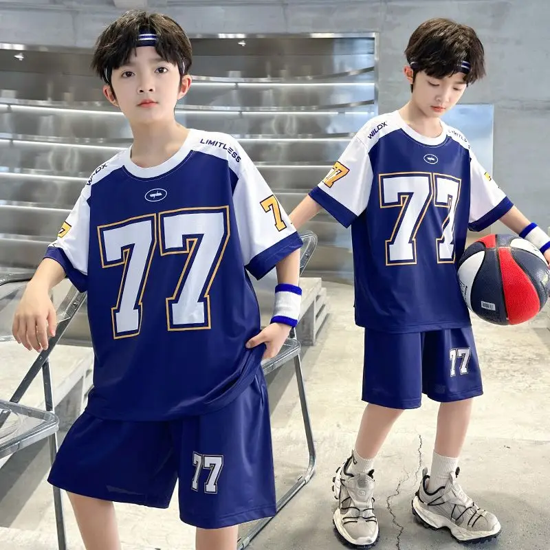 6586 Boys Summer Fashion Loose Breathable Tees+Pants 2pcs Basketball Rugby Sportsuits 5-14 Years Teenage Kids Oversized Outfits
