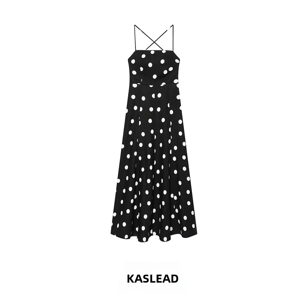 KASLEAD New Fashion Simple Polka Dot Neck Hanging Dress Women's A-Line Skirt Polyester Fiber City Commuting Spring Season