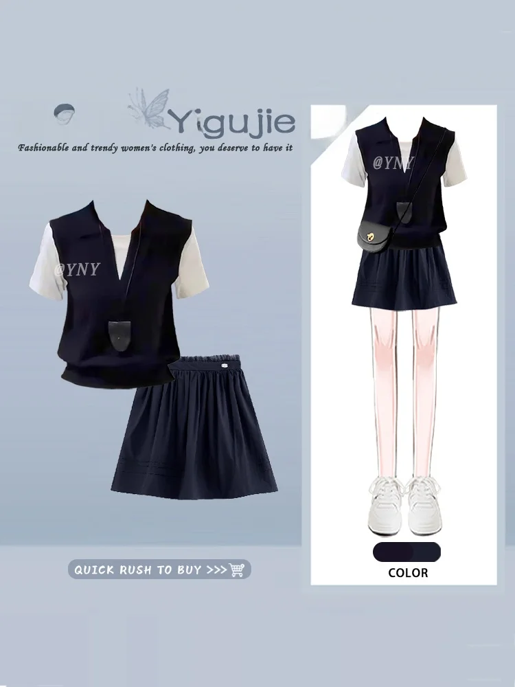 

Summer Short Sleeve A-Line Skirt Set Women's College Style Splicing Two-Piece Suit Youthful Design T-Shirt Fabric Letter Pattern
