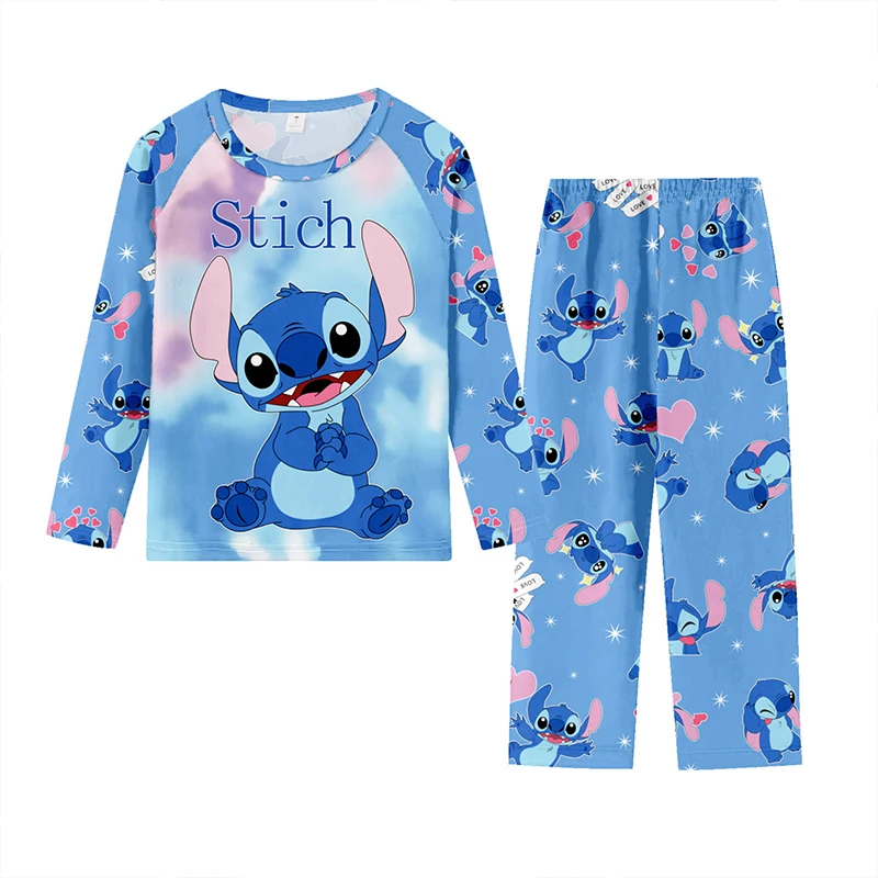 Conjunto de pijama con estampado de puntadas para niños, top y pantalones de manga larga, cuello redondo, conjunto de ropa para el hogar de puntada, 2 uds.