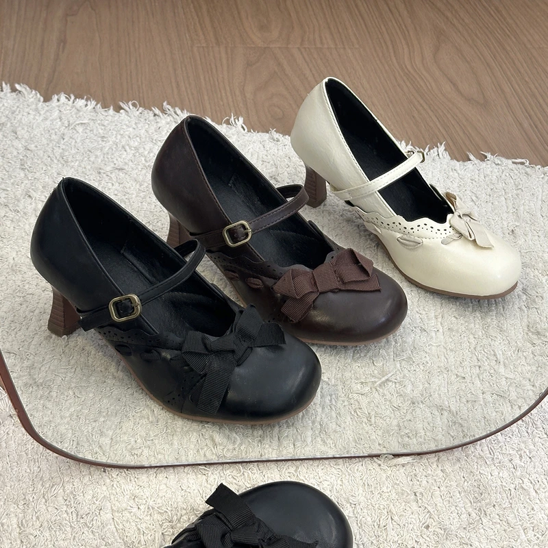 

Temperament Bow Mary Jane Shoes Women's Round Toe High Heels 2026 New Block Heel Shallow Single Shoes