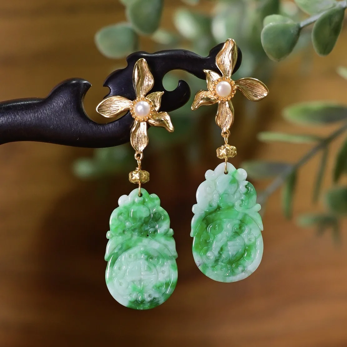 A-Grade Intense Green Double-Side Carved Jade Earrings, 925 Silver Gold Plated Flower, Chinese Luxury Jewelry Gift