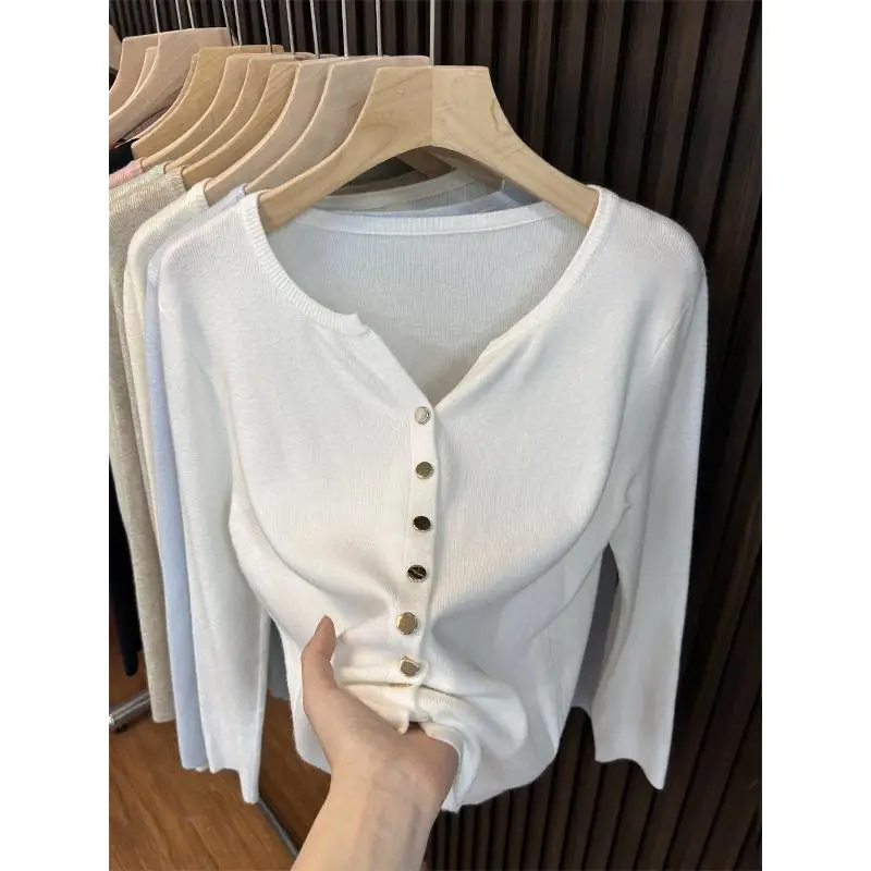 Sweter damski dziergany, kardigan, nowy, długi rękaw, okrągły dekolt, biały sweter dziergany, kardigan damski, topy, odzież dziergana, swetry damskie Q1022