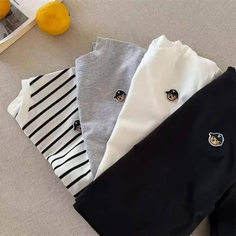 تي شيرت للأطفال بأكمام طويلة، قميص أساسي من القطن الخالص يسمح بمرور الهواء، قميص قاعدة مخطط للأولاد والبنات الكرتونية للربيع