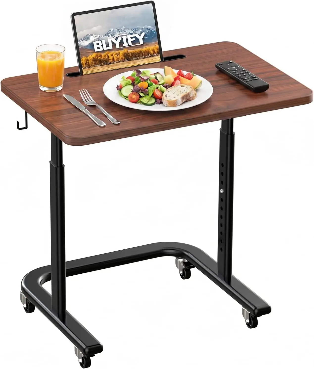 

Height Adjustable TV Tray Table on Wheels - Rolling Laptop Desk for Bed & Sofa - C Shaped Side Table for Recliner, Small Spaces & Walking Pad - Dark Walnut