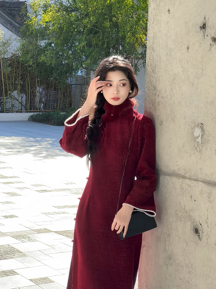 

Красное длинное платье с рукавами для женщин, осенне-зимняя коллекция, высококачественная новогодняя одежда, ретро-стиль, китайская мода, женское платье