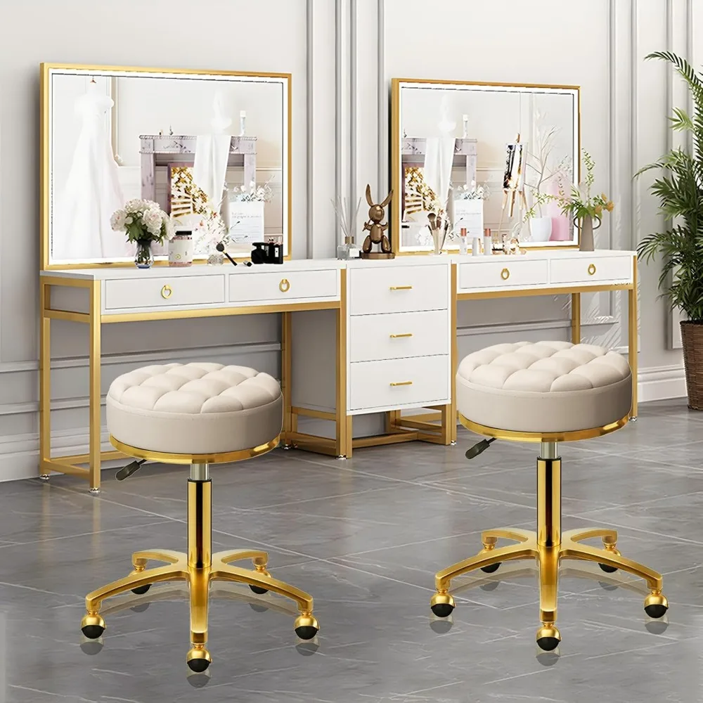 Rolling Stool Gold Vanity Stool with Wheels, Pedicure Massage Roller Stools, PU Leather Round Swivel Salon Spa Chairs