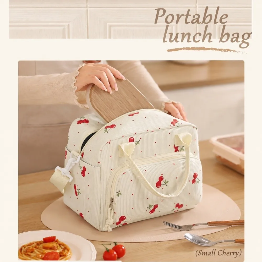 High Quality Corduroy Lunch Bag Thermal Insulation Floral Lunch Box Portable Leopard Print Storage Handbag Outdoor Travel