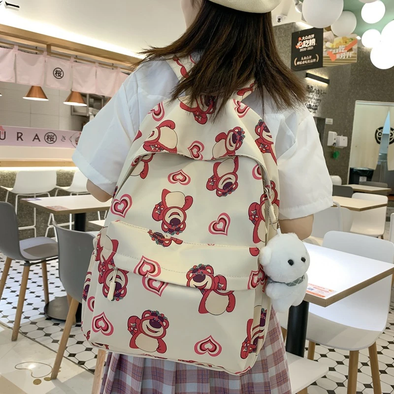 Sanrio-mochila escolar de oso de fresa para estudiantes, bonita mochila ligera de dibujos animados, impermeable, gran capacidad