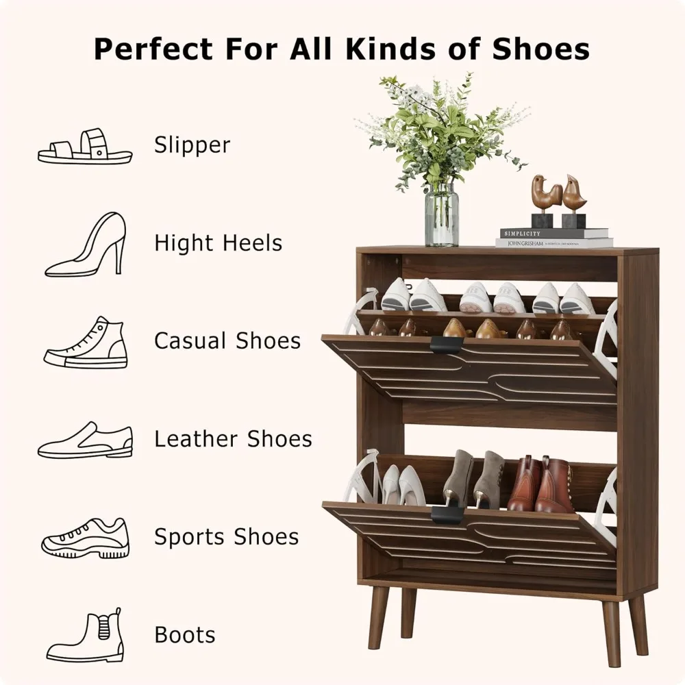 خزانة تخزين أحذية الجوز مع درجين قابلين للطي للمدخل، خزانة تنظيم رف الأحذية الضيقة مع أبواب للممر #5