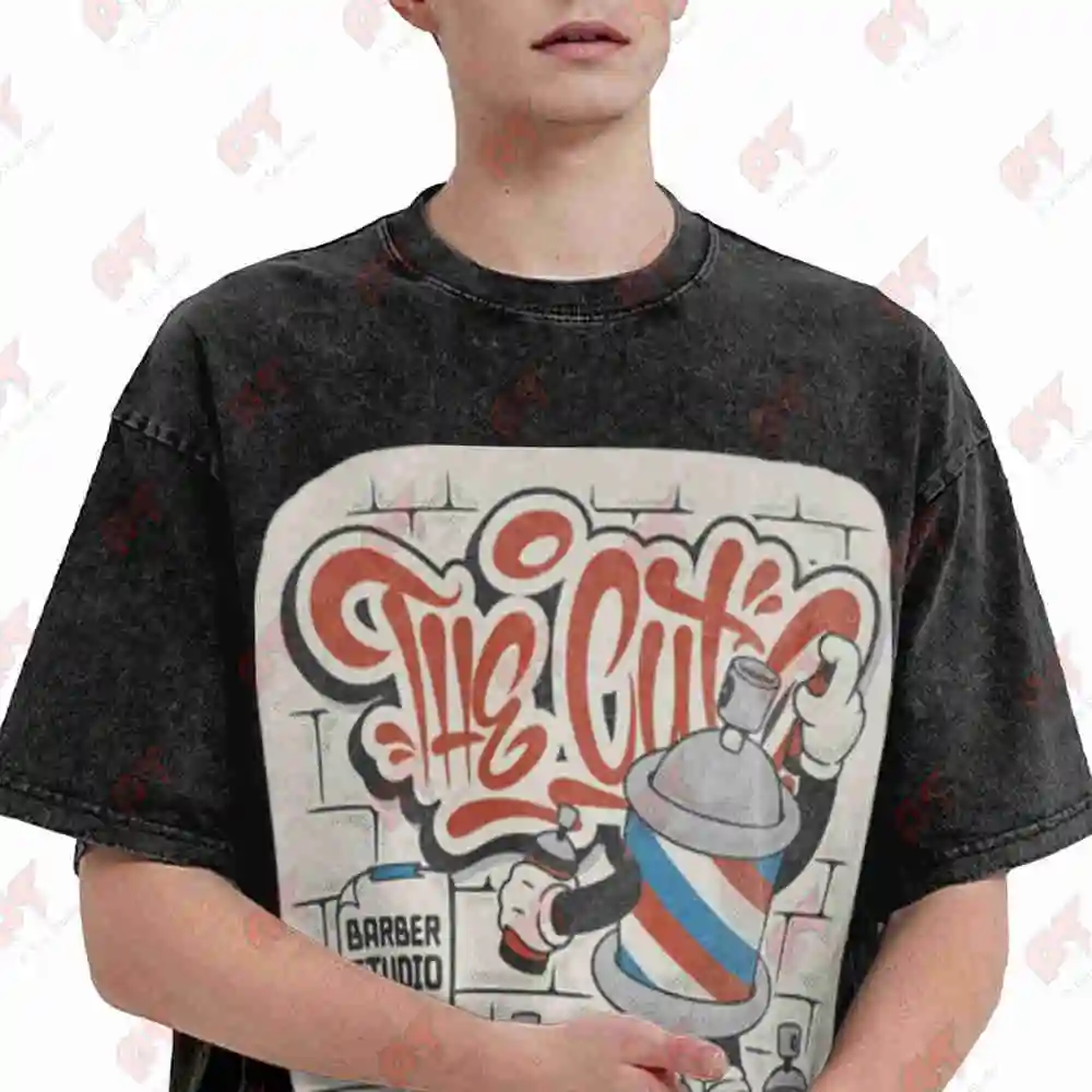 Barber Shop Vintage Pole Clipper Scissors Comb Vintage Washed Tee Pure Cotton T-Shirt