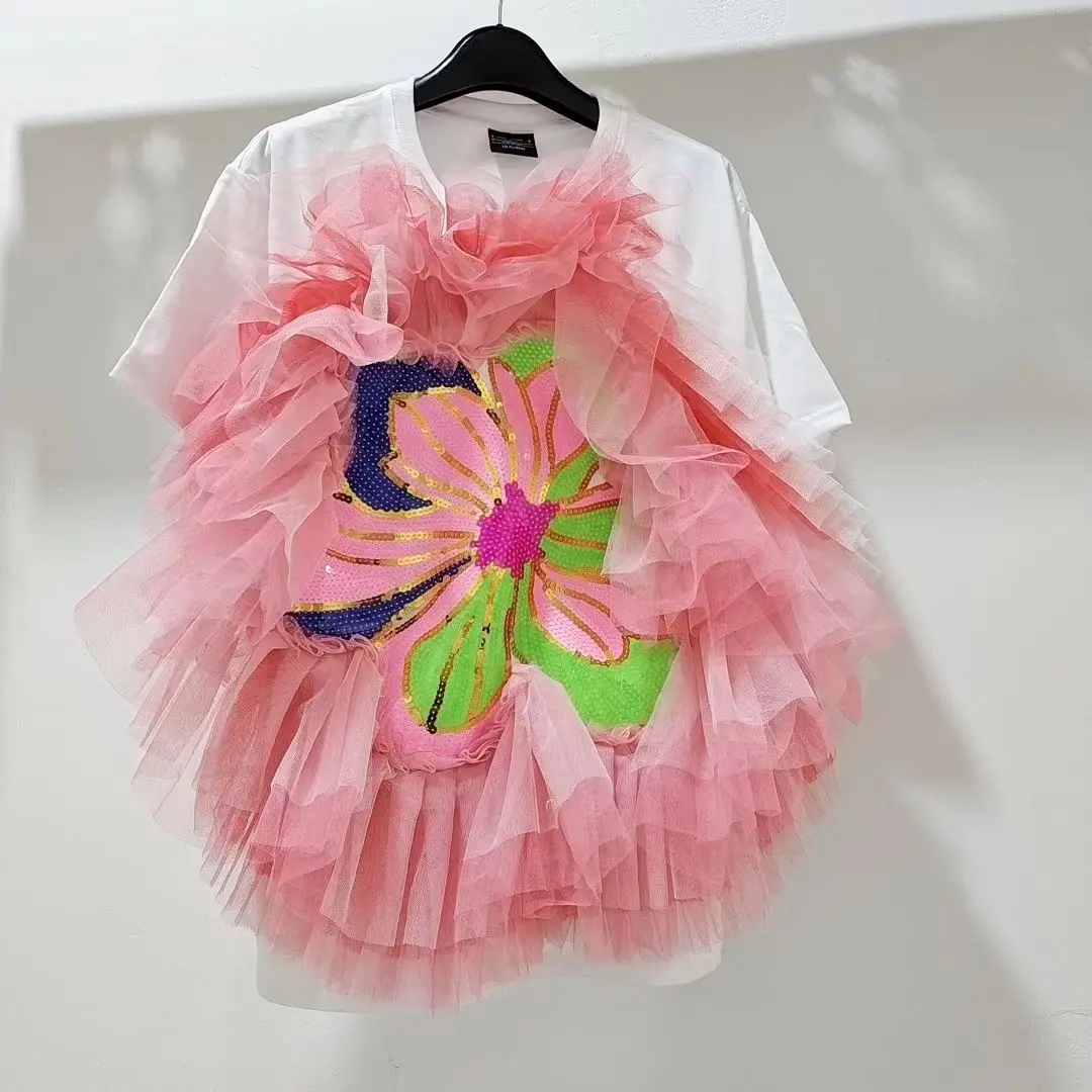 Luxury Mesh Splicing Ruffles 3D Flowers Embroidery Sequined T-Shirts White Loose Short Sleeves Tees Jumpers O-neck Crop Tops