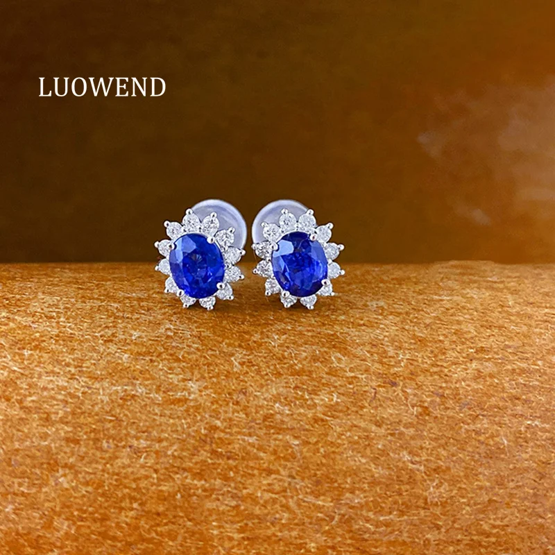 LUOWEND 100% 18K White Gold Earrings Women Elegant Romantic Style Luxury Diamond Natural Sapphire Earrings High Party Jewelry