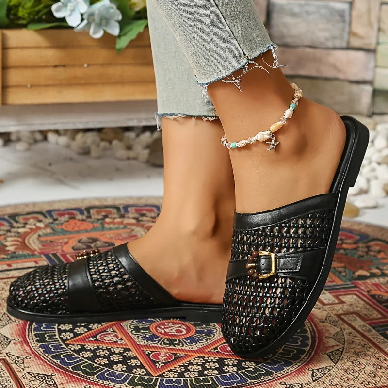 

Large size bag head flat sandals women's summer new fashionable versatile hollow woven beach sandals