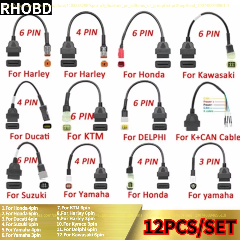 12Pcs/set Connector For Motorcycle Motobike For YAMAHA For HONDA 4Pin For KTM Moto For Ducati For Suzuki OBD2 Extension Cable