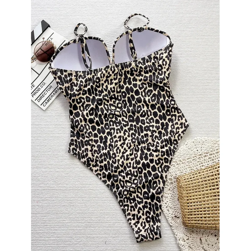 2024 Women's Leopard Print One Piece Swimsui High Waist Hollow Out Monokini Bikini V-neck Suspender Backless Beach Swimwear New