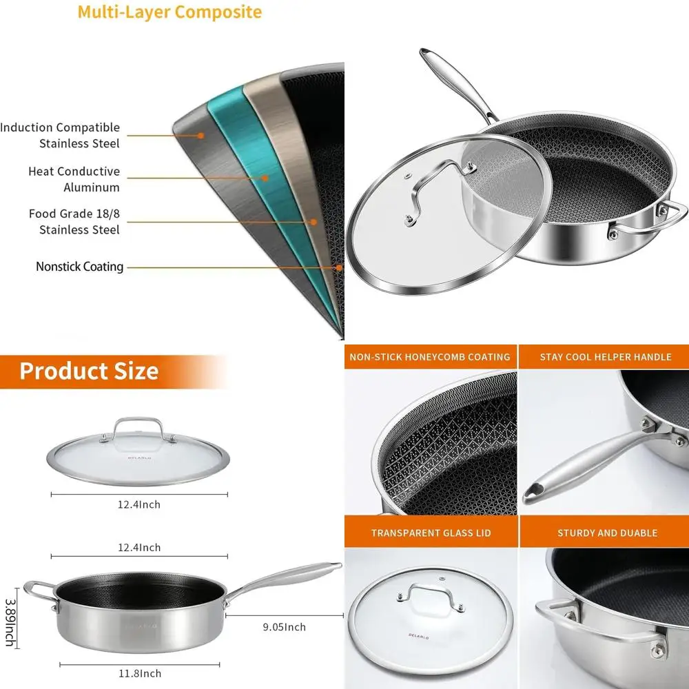 

12 Deep Frying Pan with Lid, 7QT Nonstick Sauté Pan, Oven Safe to 660°F, Dishwasher Safe, Suitable for All Cooktops