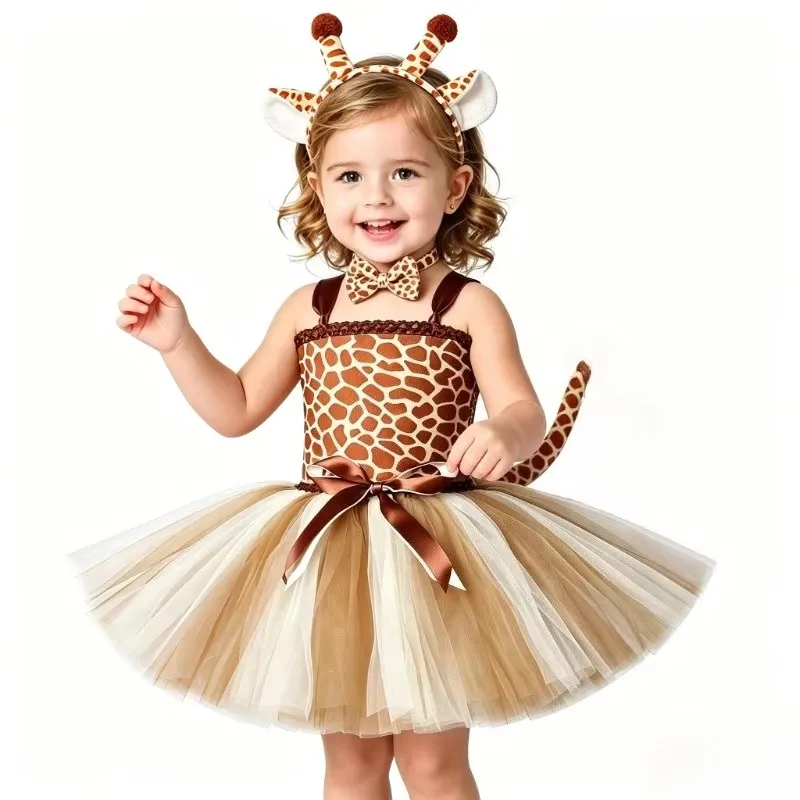Kids Fluffy Light Tulle Half Skirt Cartoon Giraffe Print Mesh Tutu Skirt Girls Clothing For Halloween Children's Day Party