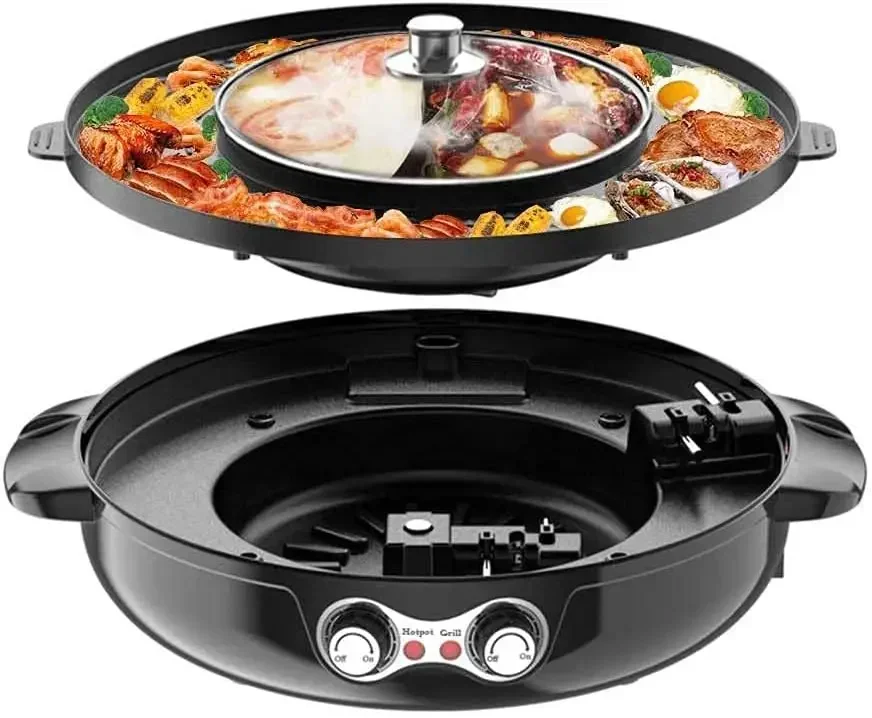 Electric Grill Hot Pot, 2 In 1 Electric Smokeless Barbecue Shabu Hot Pot Separate Pot Plate Base Dual Temperature Control Easy