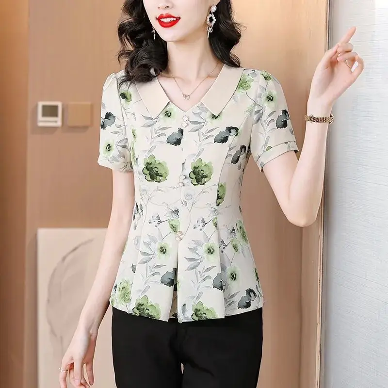 2024 New Chiffon Chiffon Shirt Fashion Summer Women\'s Chic Doll Neck Spliced Ruched Slim Waist Button Pullover Short Sleeve Tops