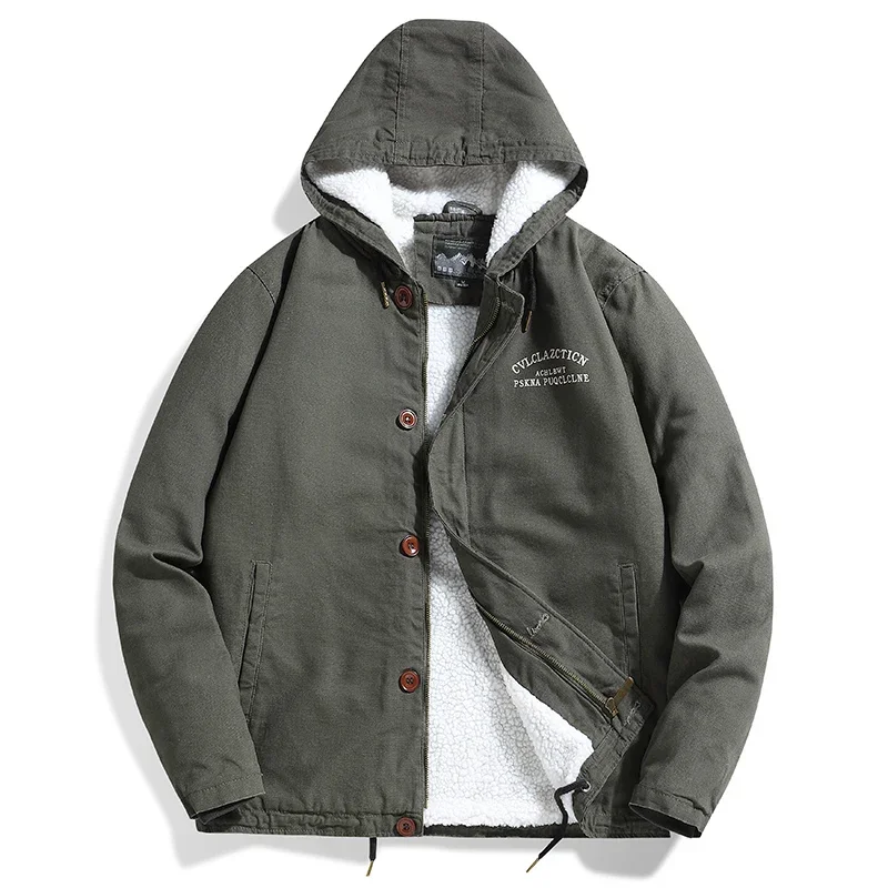 Men's Fleece Jacket Hooded Parkas Lamb Fur Lining Men's Winter Jackets Plush Men's Cold Jacket Thickening Motorcycle Jacket