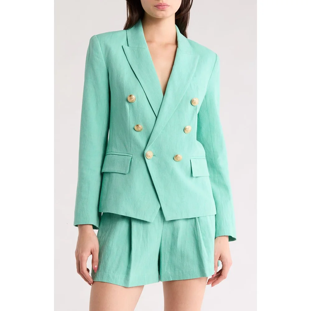

Green Double Breasted Peaked Lapel Woman Suits 2 Pieces Blazer+Shorts Set Formal Party Sets Office Lady Daily Sets