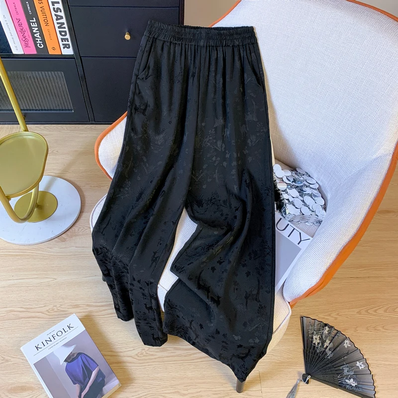 Novo chinês sle bordado acetato calças de perna larga mulheres verão cintura alta solta drapey emagrecimento casual em linha reta calças compridas