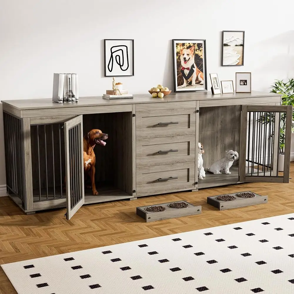 

Large Grey Dog Crate Furniture with 3 Drawers and 4 Bowls, Suitable for 2 Dogs or Medium to Large Breeds