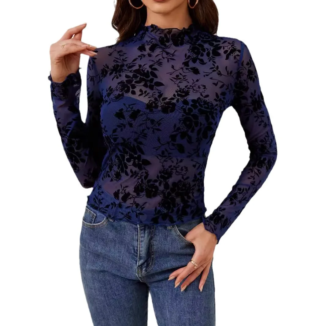 2025 Top Women T Shirt Sexy Bottoming Long Sleeve Flower Printed Mesh Sheer Tops Stand Neck Tees Summer Female Undershirts